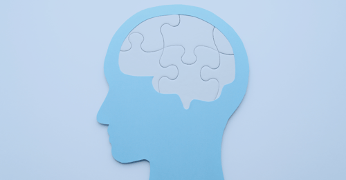 A blue human head is shown with an illustrated brain suggested with puzzle pieces.