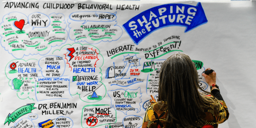 A graphic artist does a live illustration of the discussion topics at the Advancing Childhood Behavioral Health Summit