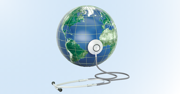 an earth with a stethoscope suggests environmental health