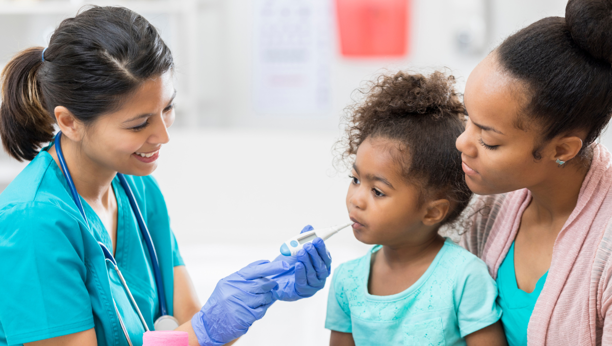 A child and parent are shown with a doctor. AHW health research funding supports children's health in Wisconsin.