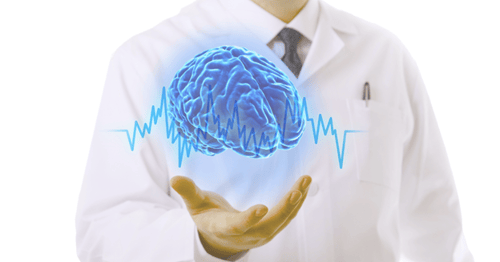 A health professional holds out their hand, above which floats an illustrated blue brain.