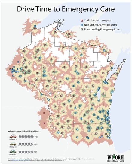 Map of how far Wisconsin residents have to drive for hospital care.